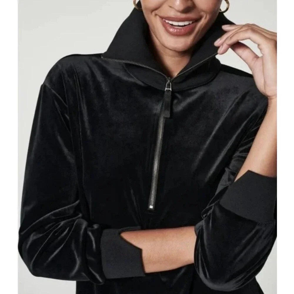 SPANX Black Velvet Half Zip Pullover Long Sleeve Jacket‎ Women’s Size Small - Picture 6 of 6
